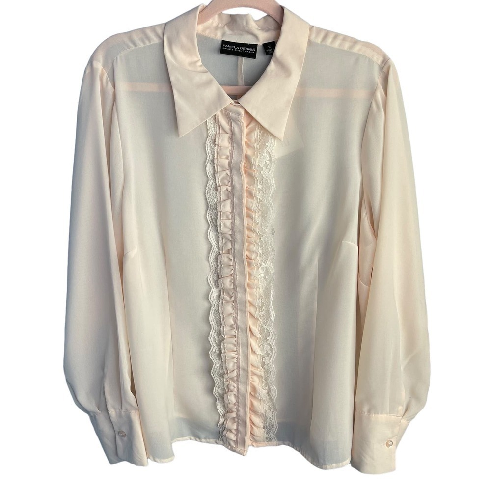 Pamela Dennis Ivory Satin Ruffle Blouse Preppy Quiet Luxury Office Chic Top XL